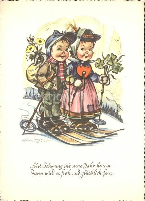 Skifahren Kinder Kleeblatt Neujahr Künstlerkarte