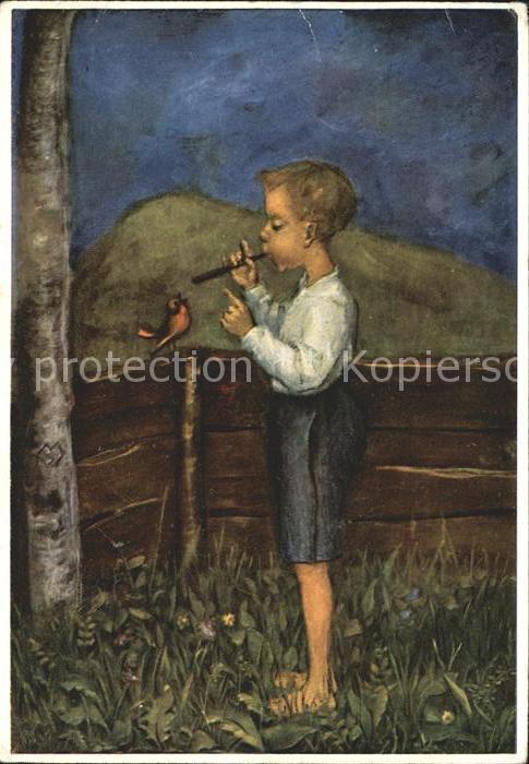 Spoetl Maria Kuenstlerkarte Duett Nr. 399 Kind Flöte Vogel
