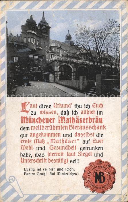 Bier Münchener Mathäserbräu Urkunde