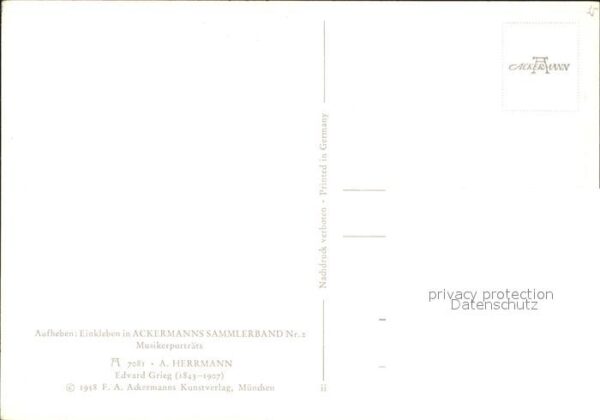 Verlag Ackermann Kuenstlerpostkarte Nr. 7081 A. Herrmann Edvard Grieg – Bild 2