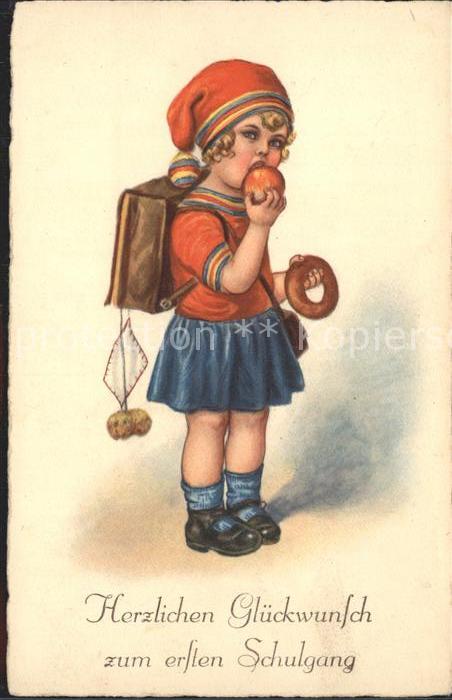 Schule School Ecole Escuela Scuola-- Kind Schulgang Apfel Wurst Schulranzen