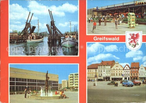 Greifswald Mecklenburg Vorpommern Wiecker Brücke Kaufhalle 8. Mai Plastik