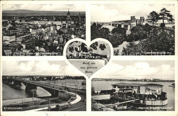 Mainz Rhein Blick vom Stephansturm Eisenbahnbrücke