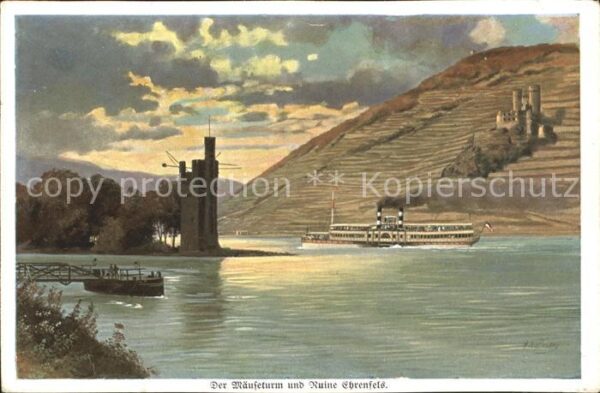 Bingen Rhein Der Mäuseturm mit Ruine Ehrenfels Rhein