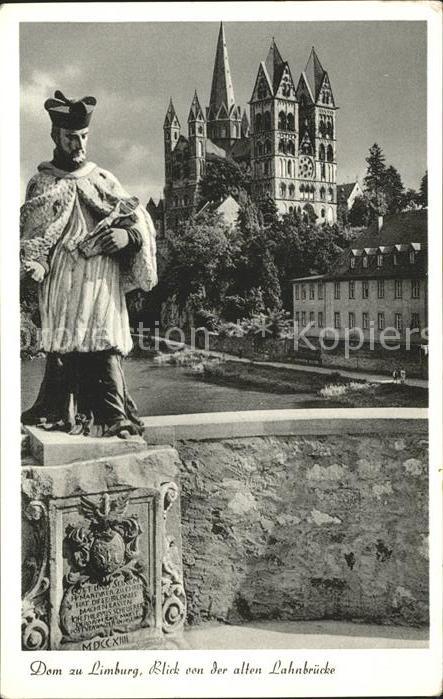 Limburg Lahn Statue Dom Blick von der alten Lahnbrüc