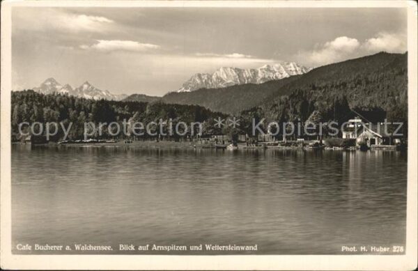 Walchensee Cafe Bucherer Blick auf Arnspitzen und