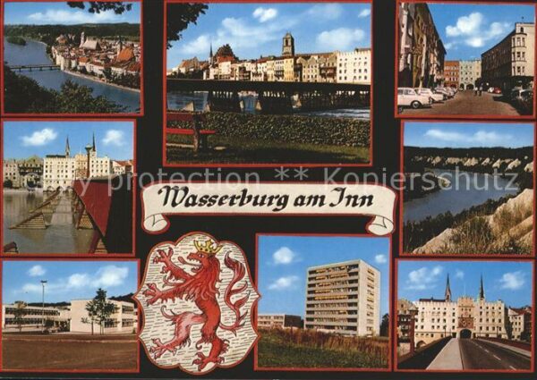 Wasserburg Inn Teilansichten Alstadt Hochhaus Wappen