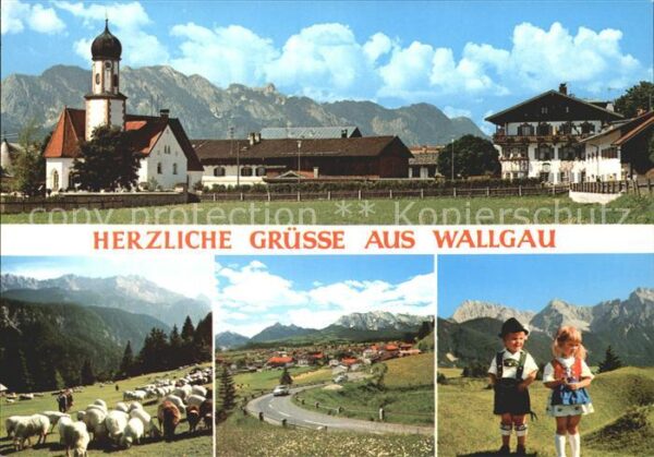 Wallgau Ortsansicht mit Kirche Schafherde Kinde