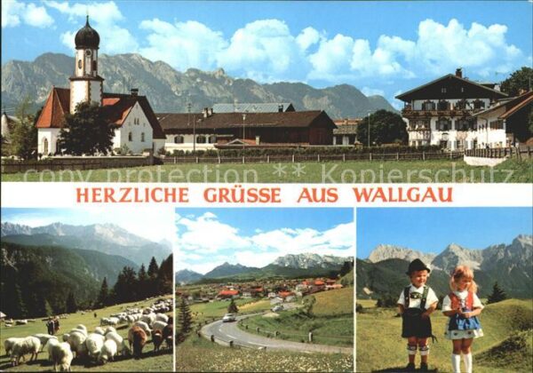 Wallgau Ortsansicht mit Kirche Schafherde Kinde