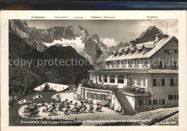 Kreuzeckhaus gegen Zugspitze Höllentalgletscher Schw