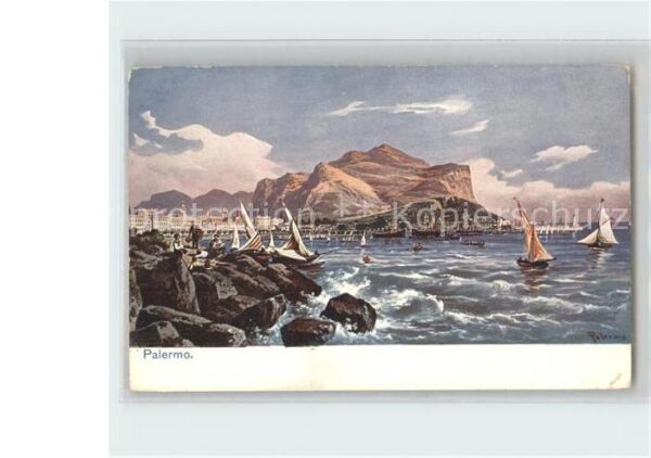 Palermo Sicilia Panorama Segelschiffe Künstlerkarte