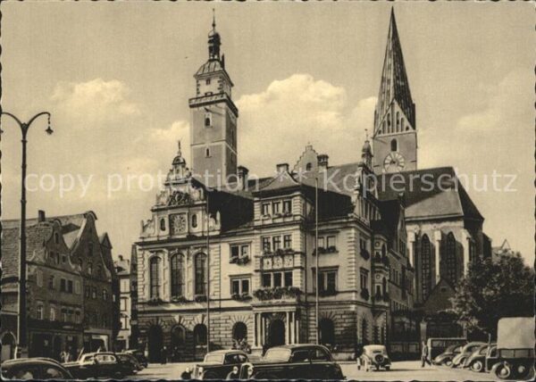 Ingolstadt Donau Rathaus mit Pfeifturm und Kirche
