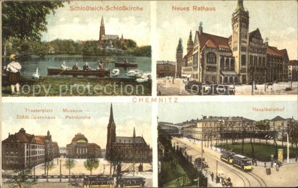 Chemnitz Schl0ßteich mit Kirche Rathaus Theaterp