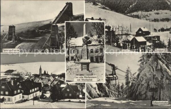 Oberwiesenthal Erzgebirge Sprungschanze Meilenstein am Marktplatz