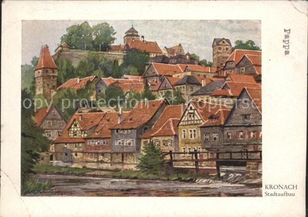Kronach Oberfranken Stadtaufbau Künstlerkarte nach Aquarell