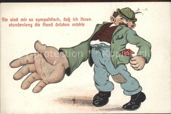 Kuenstlerkarte Willi Scheuermann Mann mit Riesenhand