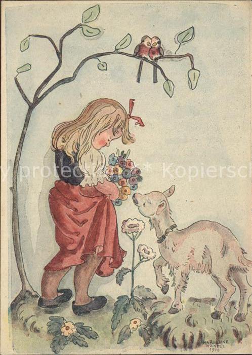 Kuenstlerkarte Marianne Händel Kind Lamm Blumen Vögel