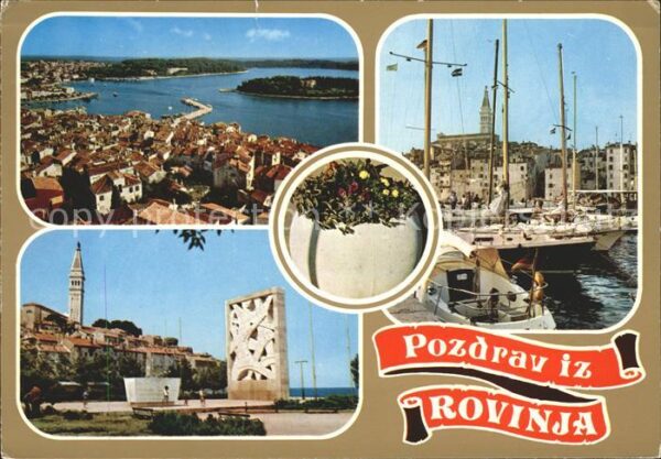 Rovinj Istrien Panorama Hafen Segelschiff Denkmal