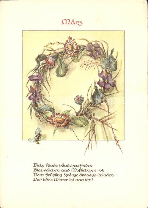 Monatskarte März Blauveilchen Massliebchen Biene Ge