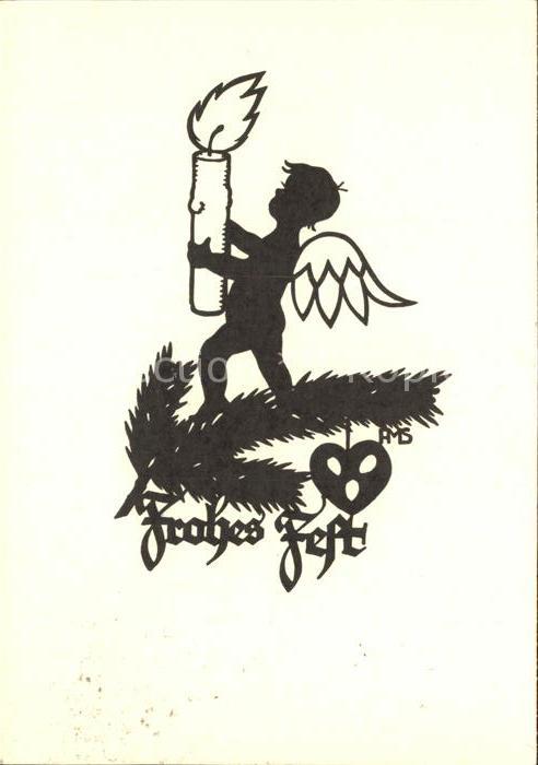 Scherenschnitt Schattenbildkarte A. M. Schwindt Frohes Fest Engel Kerze