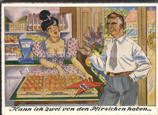 Haendler Obstverkäuferin Pfirsiche Humor