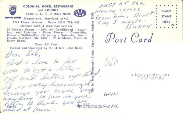 Hagerstown Maryland Colonial Motel Restaurant Swimming Pool – Bild 2