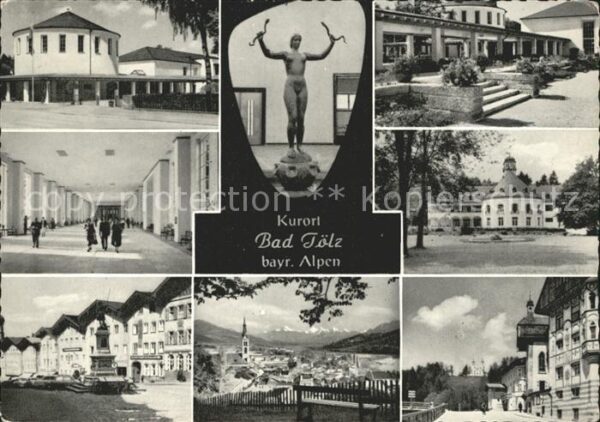 Bad Toelz Wandelhalle und Kurhaus Statue Ortsansi