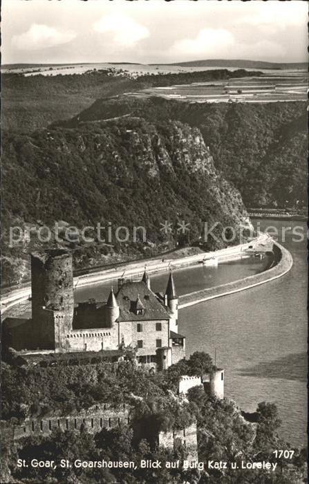 St Goar Rheinpartie mit Burg Katz und Loreley