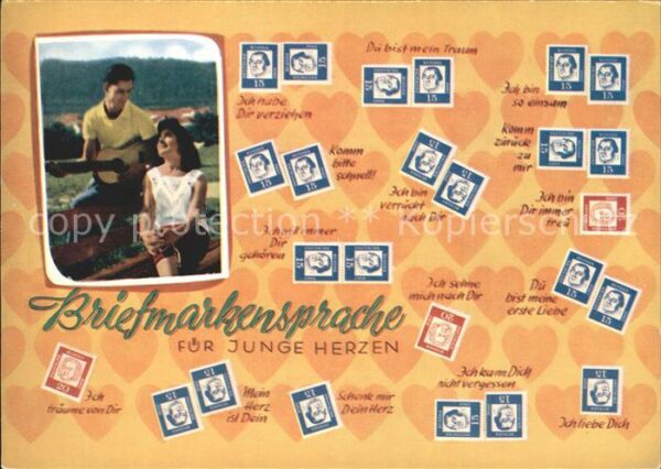 Briefmarken auf Postkarte Paar Gitarre Liebe