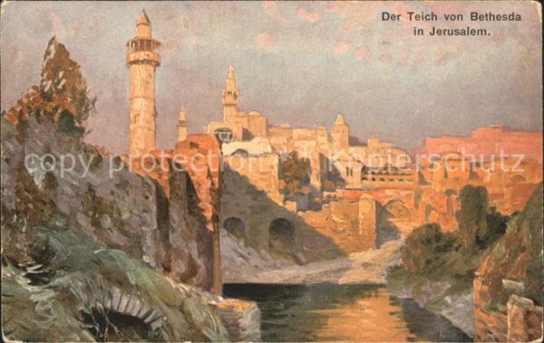 Jerusalem Yerushalayim Teich von Bethesda Minarett Künstlerkar