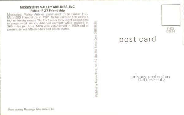 Flugzeuge Zivil Mississippi Valley Airlines Inc. Fokker – Bild 2