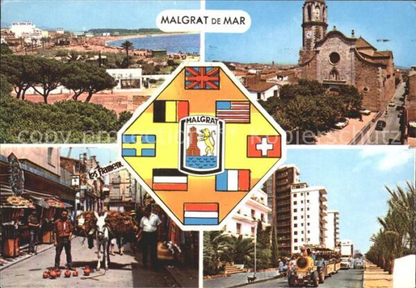 Malgrat de Mar Strand Kirche Dorfmotiv mit Esel Strass