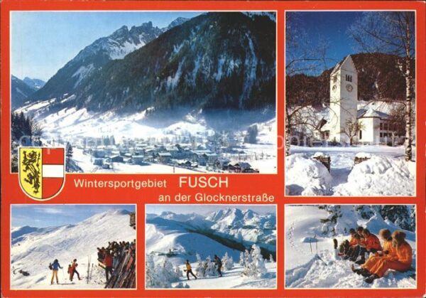 Fusch Grossglocknerstrasse Panorama Kirche Skipiste Skiläufer Rast