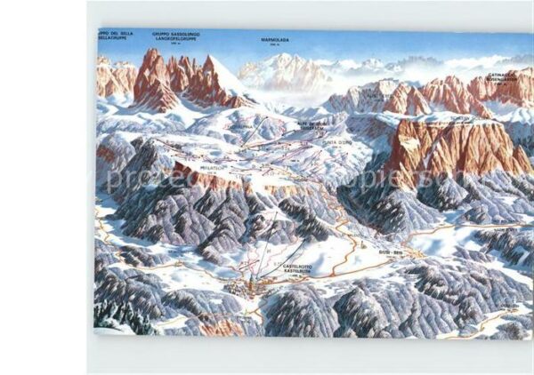 Kastelruth Suedtirol Panoramakarte Sassolungo Marmolada Rose
