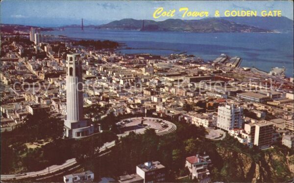 San Francisco California Coit Tower and Golden Gate Bridge aeria