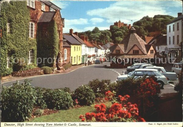 Dunster High Street showing Yarn Market and Cas