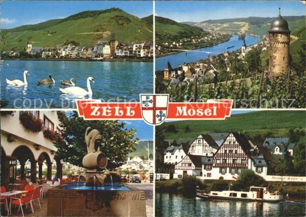 Zell Mosel Moselpartie Schwäne Burgturm Brunnen Ar