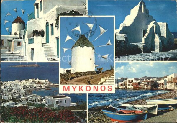 Mykonos Kykladeninsel Aegaeis mit Mühlen und Kirche
