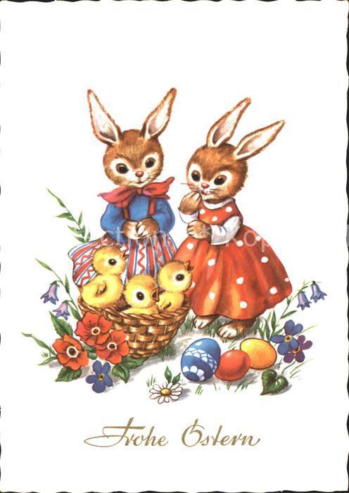Vermenschlicht Hasen Ostern Küken Ostereier Blumen