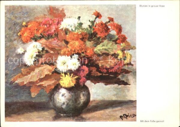 Kuenstlerkarte P. Moleveld Blumen in grauer Vase Denno