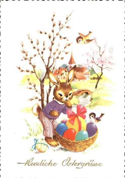 Vermenschlicht Hase Ostereier Ostern Vögel Weidenkätzc