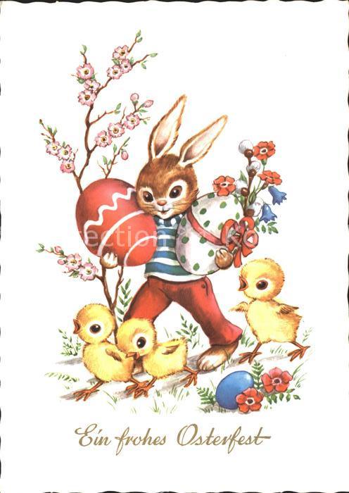Vermenschlicht Hase Ostern Küken Ostereier Blumen