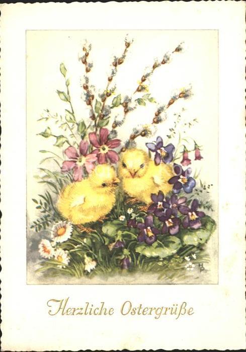 Ostern Easter Paques Küken Veilchen Weidenkätzchen Gänseblüm