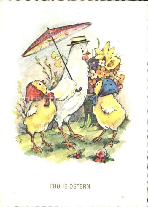 Vermenschlicht Taube Küken Schirm Ostern Narzissen