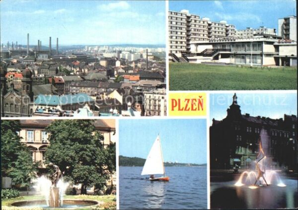 Plzen Pilsen Blick über die Stadt Restaurant Wassers