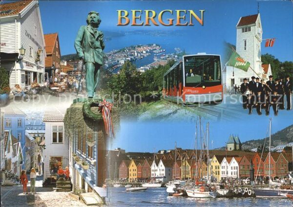 Bergen Norwegen Altstadt Statue Bahn Musikkapelle Hafen