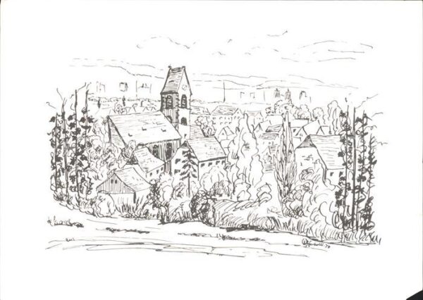 Weil Rhein Ortsansicht mit Kirche Federzeichnung v