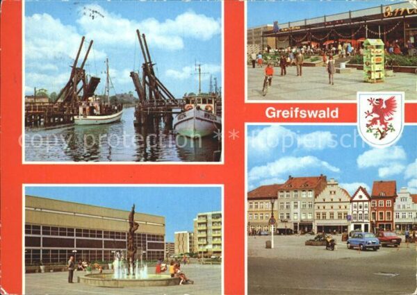 Greifswald Mecklenburg Vorpommern Wiecker Brücke Kaufhalle 8. Mai Plastik