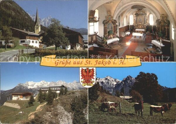 St Jakob Haus Ortspartie mit Kirche Berghaus Kühe Alp