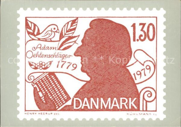 Briefmarken auf Postkarte Adam Oehlenschläger Danmark